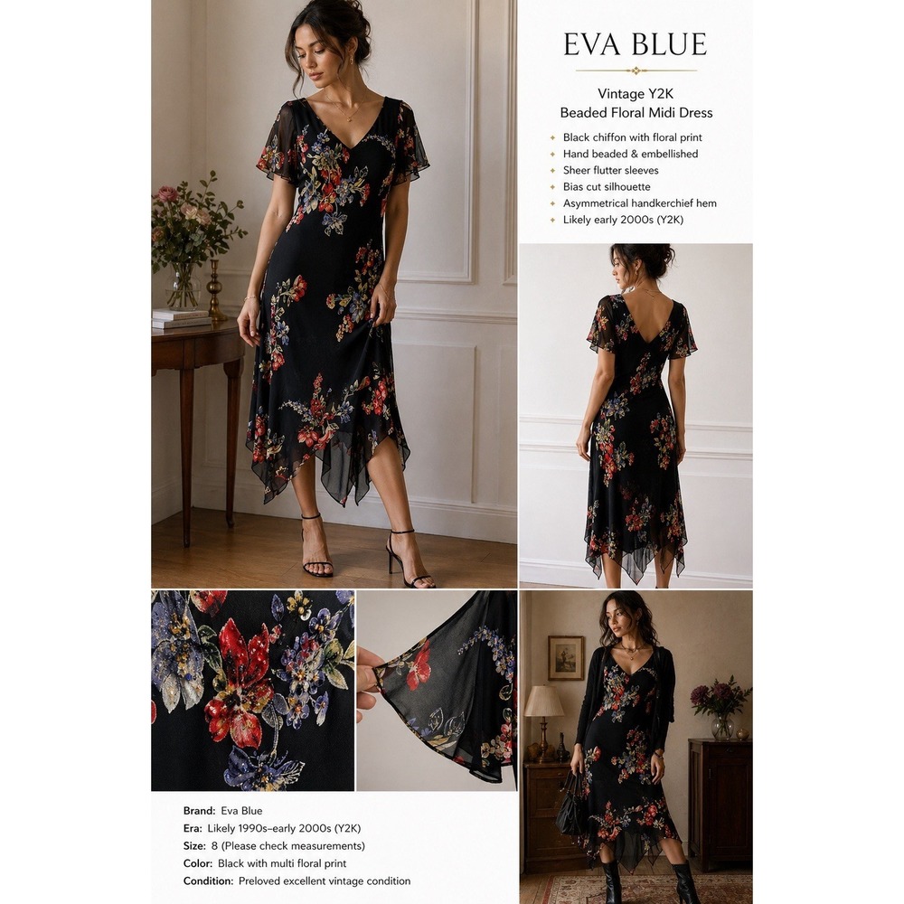 Eva Blue Y2K Black Biased Cut Beaded Asymmetrical Hanky Hem 10 Fairy Whimsigoth